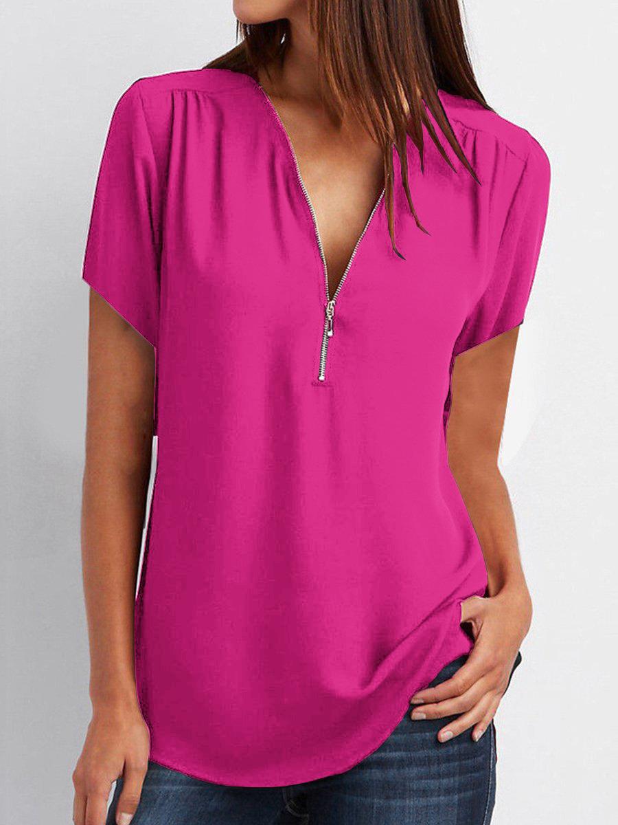 Title 4, V-neck Zipper Short-sleeved Chiffon Shirt