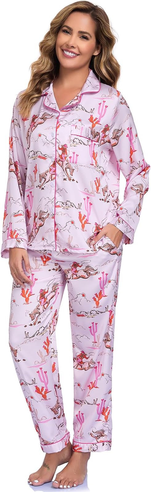 RONGTAI Womens Pajama Sets Button Down Long Sleeve Lapel Shirt With Pocket — image 11