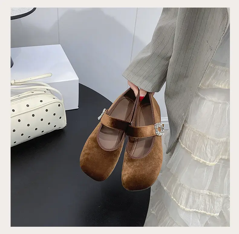 Women's Velvet Super Soft Flat Velcro Mary Janes, 2026 Summer New Arrival, Square Toe Shallow Mouth Fashion Ballet Flats