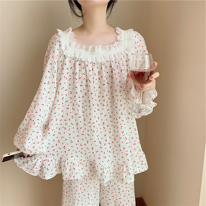 Cotton Long-sleeved Pullover Cherry Gauze Pajamas