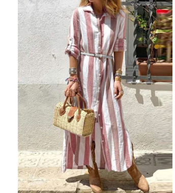 Women's Long Dress Loose Striped Print Single Row