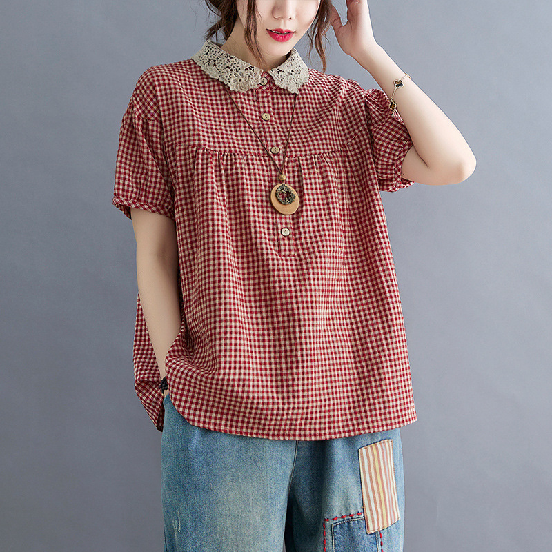 Ladies' Lace Lapel Cotton And Linen Plaid Shirt Short Sleeves Red - Shop at LoveMi