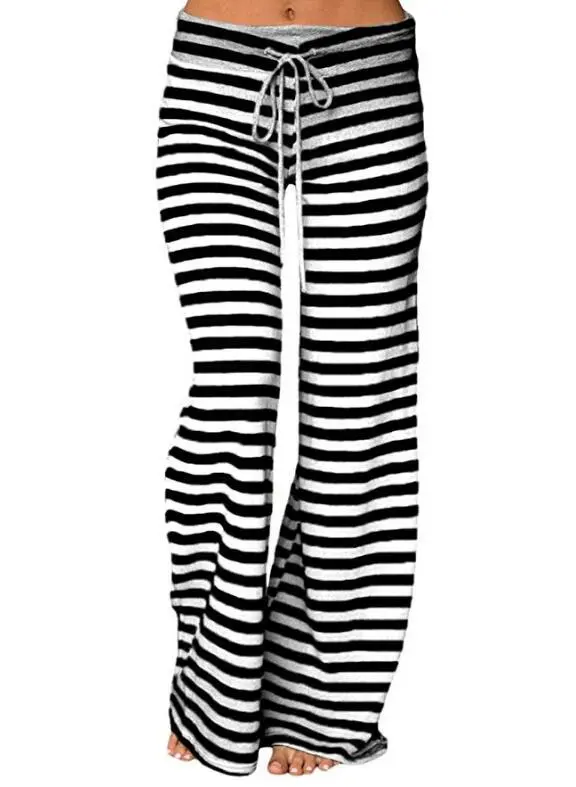Striped Wide Leg Drawstring High Waist Yoga Pants Black - Shop at LoveMi