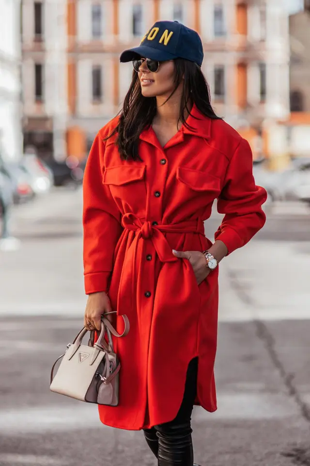 Women Long Sleeved Waist Shirt Jacket Red - Shop at LoveMi