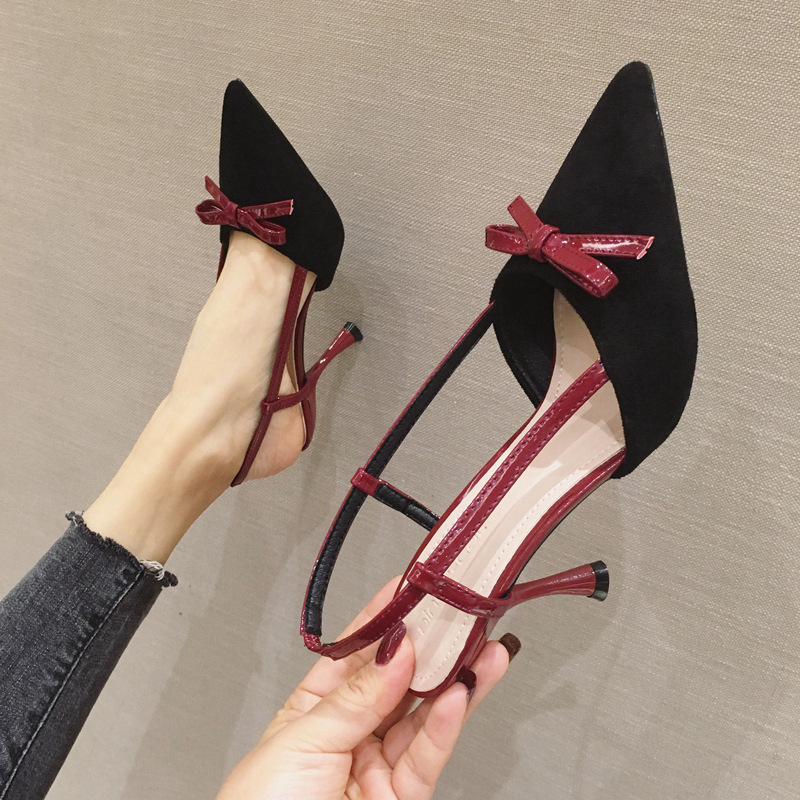 Korean Version Of The Back Empty High Heels Scrub Suede Bow Stiletto Women's Shoes