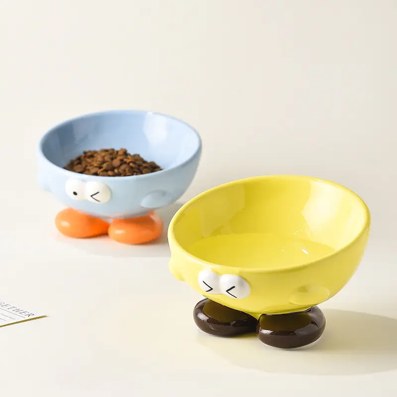 Cute Expression Pet Bowl Oblique Ceramic Tall Cat Food Dog Basin