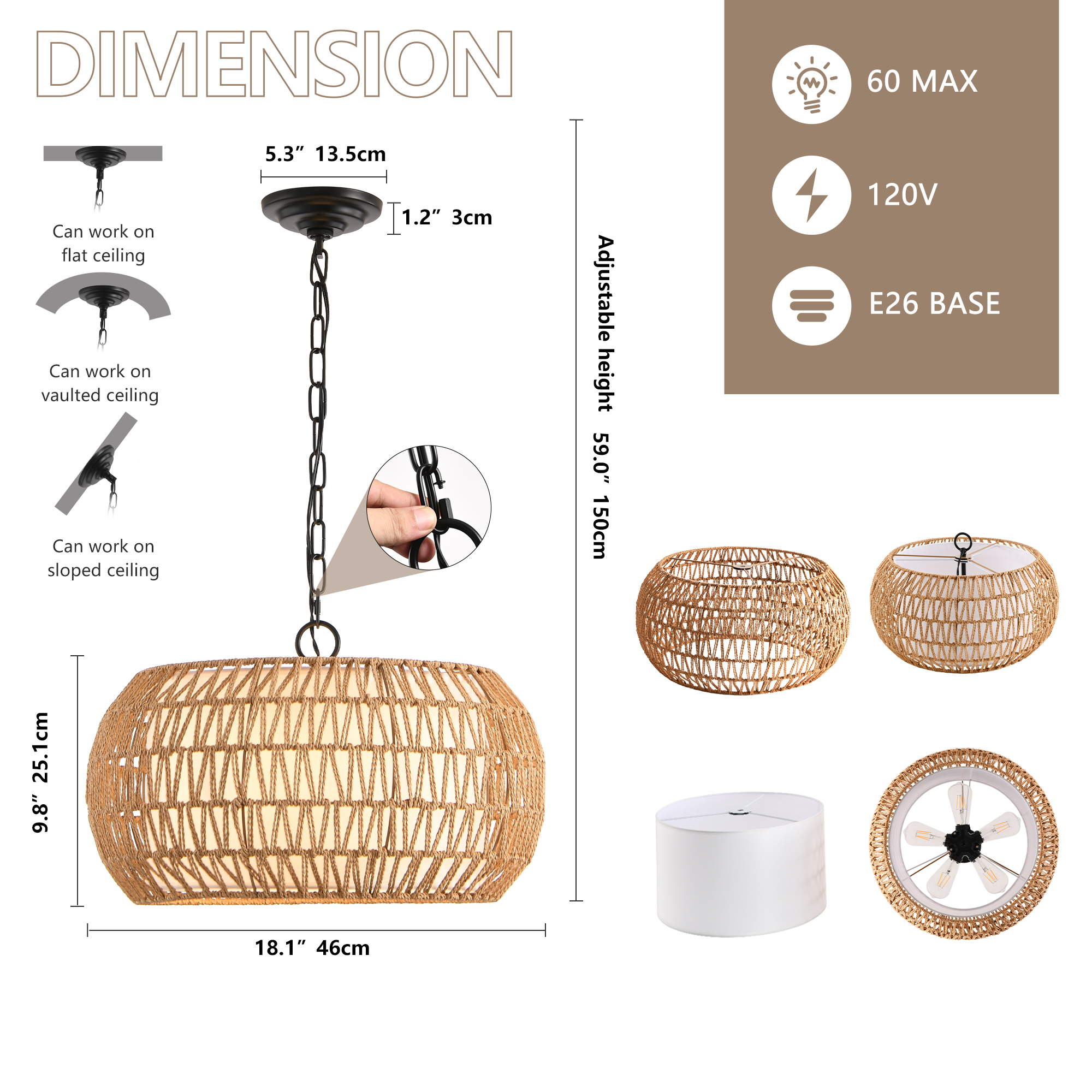 18inch Farmhouse Pendant Light With Adjustable Height, Boho Woven Jute Rope Hanging Ceiling Light Fixture, E26 Base, 60W Max, Compatible With Flat, Vaulted, And Sloped Ceil Bulb Not Included