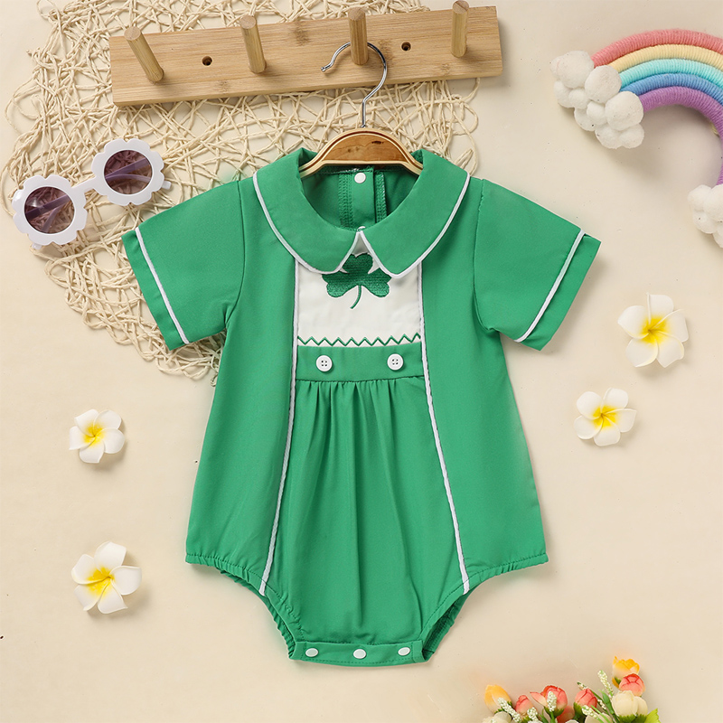 Baby Green Lapel Short Sleeve Romper Clover Print Button Detail Playsuit With Snap Closure