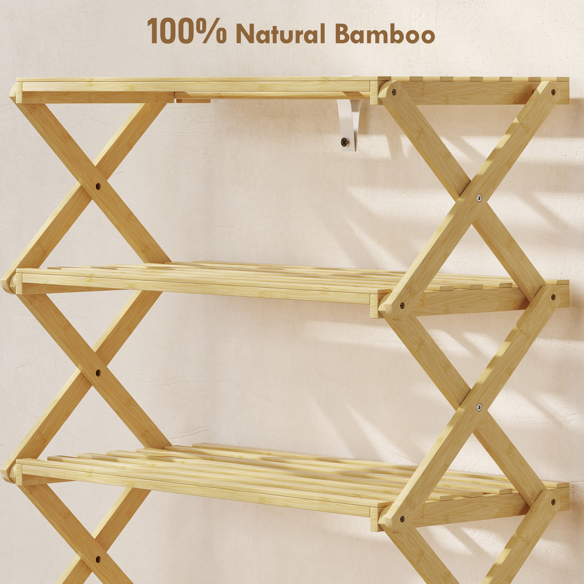 Three Layer Folding Bamboo Shoe Rack - Natural Color — image 2