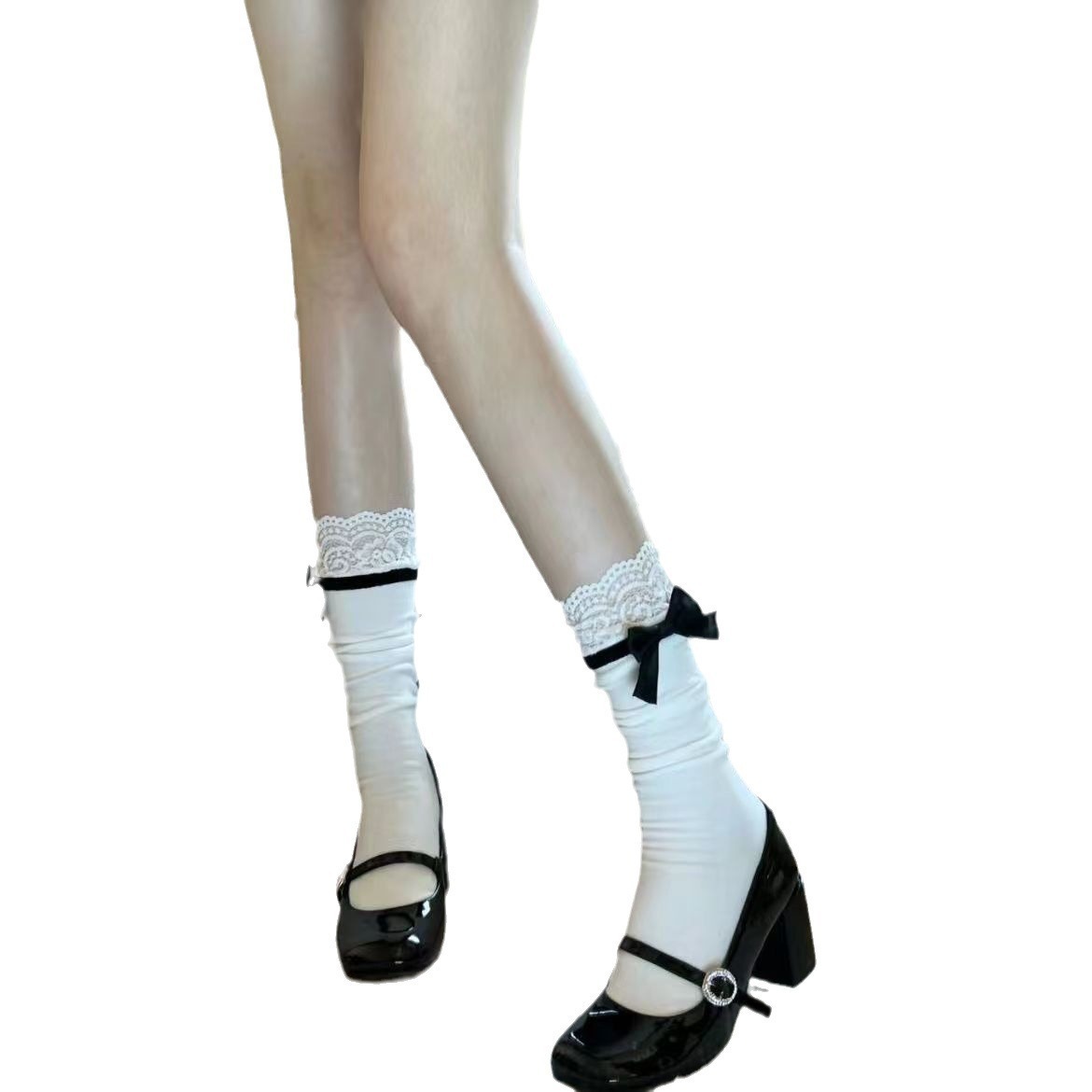 Bow Lace Calf Socks For Women, White Slouch Socks, Sweet Mid-Calf Lolita Princess Socks For Mary Jane Shoes