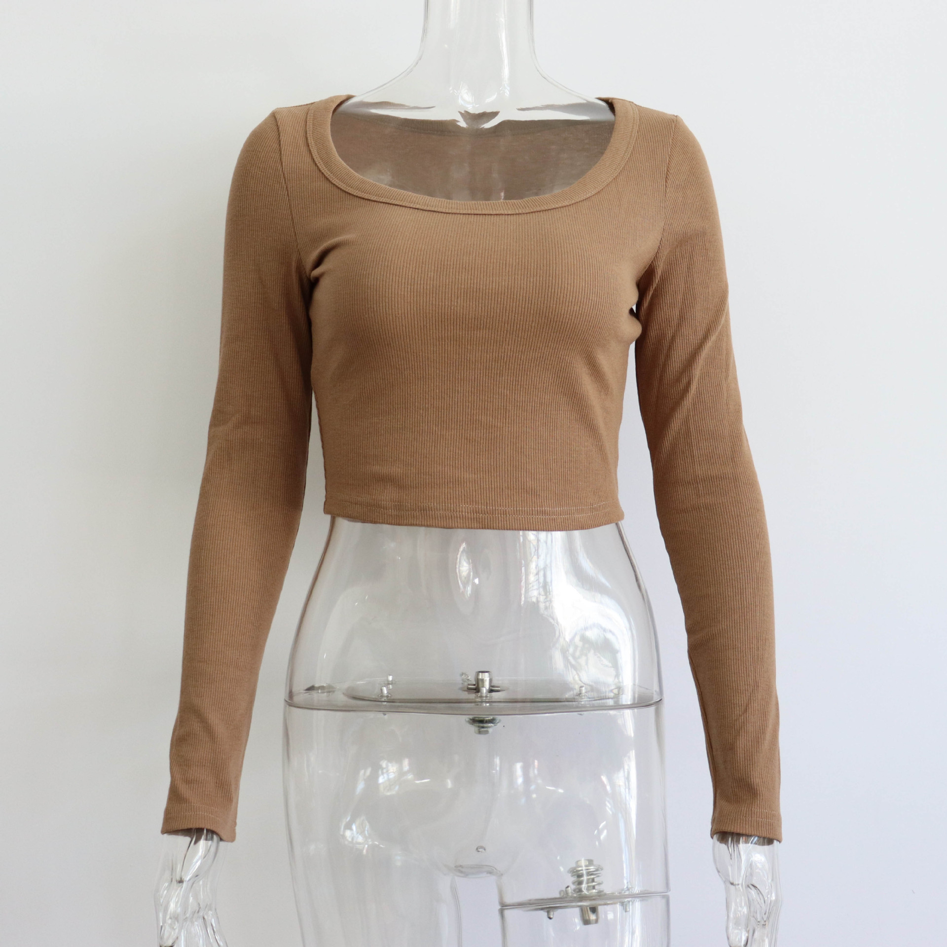 Large Round Neck Long Sleeve Ribbed Short Top Women's Casual