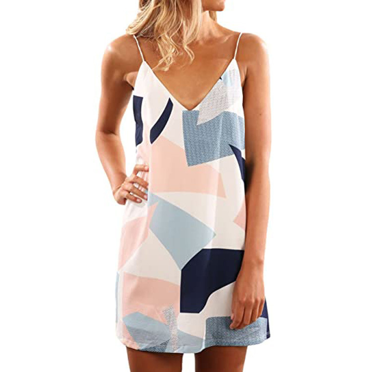 V-neck Suspender Open-back Printed Beach Boho Short Dress Beachwear