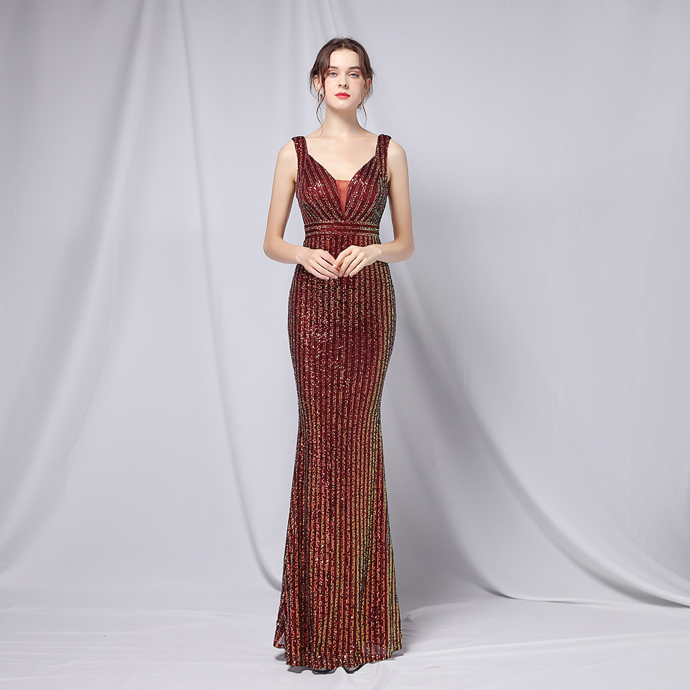 New Sequined Fishtail Long Dress Wine Red - Shop at LoveMi