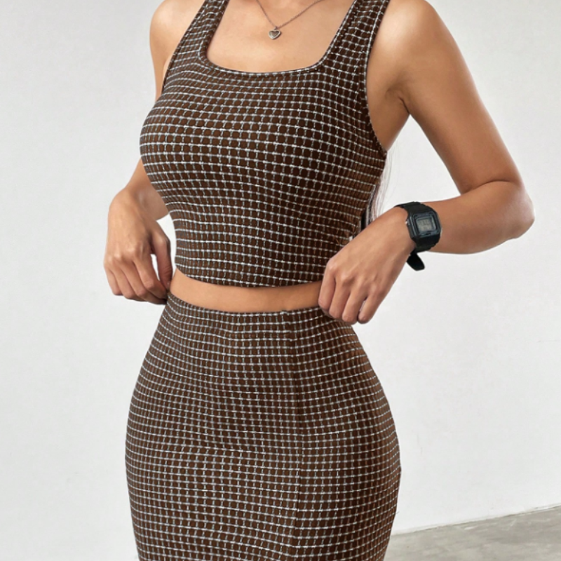 Women Plaid Square Collar Cropped Tank Top And Bodycon Mini Skirt Set