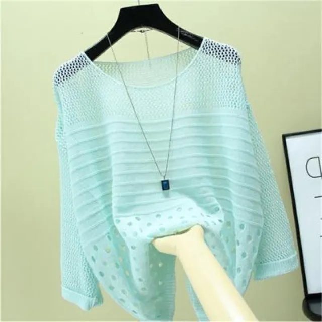 New Women's Loose Scoop Neck Thin Hollow Knit Blouse Lake Green - Shop at LoveMi