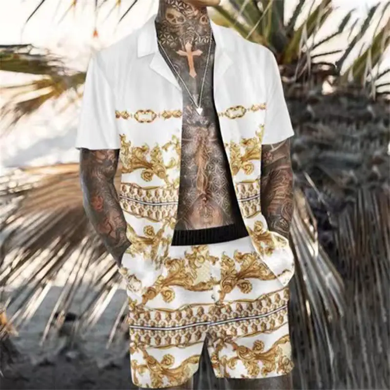 Men's Fashion Leisure Vacation Positioning Printed Shirt Set