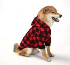 Christmas Dog Clothes Thickened Plaid Hooded Two-leg Sweater - Black Red Checker - View 1