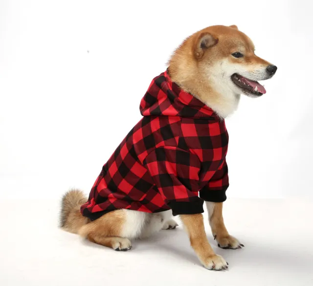 Christmas Dog Clothes Thickened Plaid Hooded Two leg Sweater Black Red Checker - Shop at LoveMi
