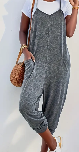 Solid Patched Pockets Overall Jumpsuit Versatile V neck Design For Spring & Summer Women's Clothing For Fashionable Women Perfect For Casual & Outdoor Occasions Great Gift For Birthday & Hol Grey - Shop at LoveMi