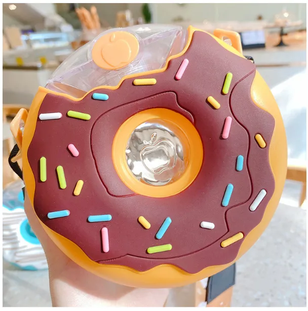 Donut Straw Cup Water Cup Drop proof Portable Strap Plastic Cute Water Bottle Classic Donut Yellow - Shop at LoveMi