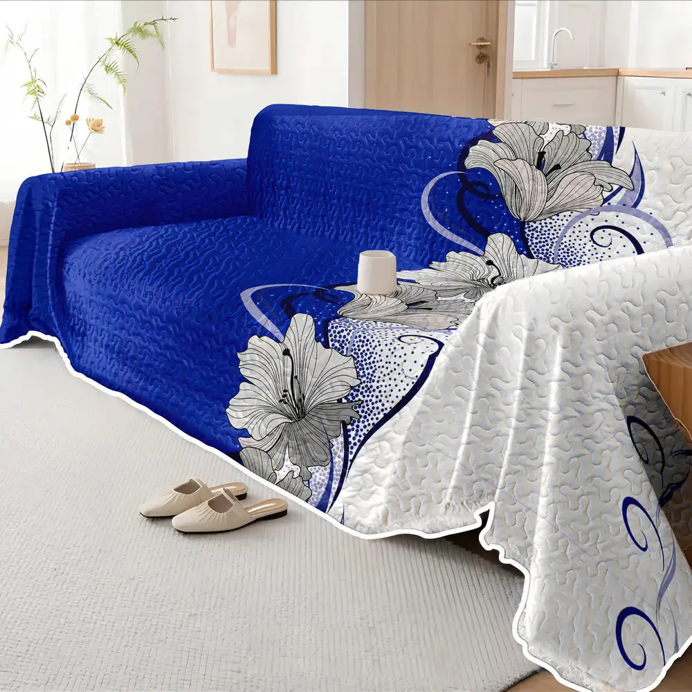 Blue Floral Quilted Sofa Cover, 1-Piece Couch