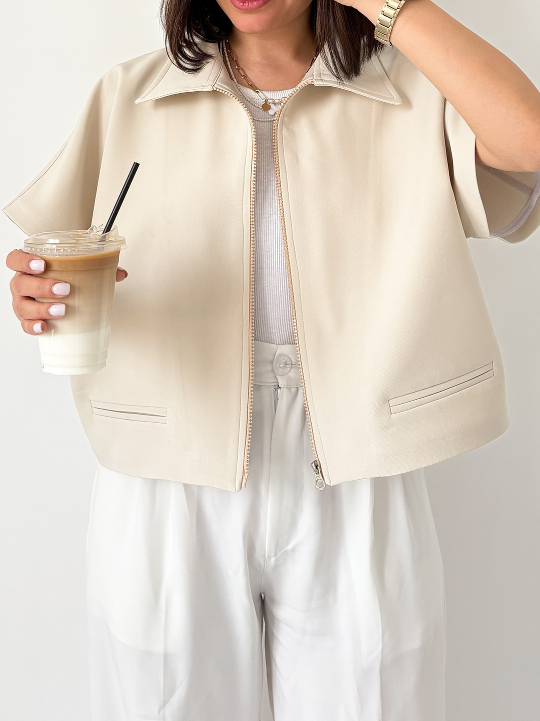 Beige Short- Sleeve Zip-up Top
