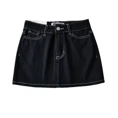 Women's Thin And Bright Line Mid-waist Denim Bag Hip Skirt - Black - View 1
