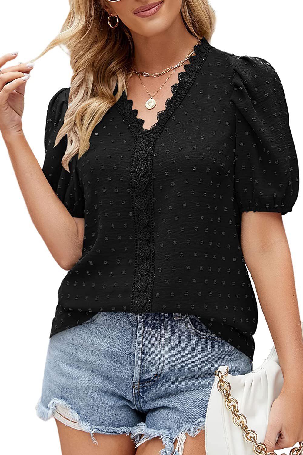 Title 5, Dot Bubble Short Sleeve Chiffon Shirt for a lig...