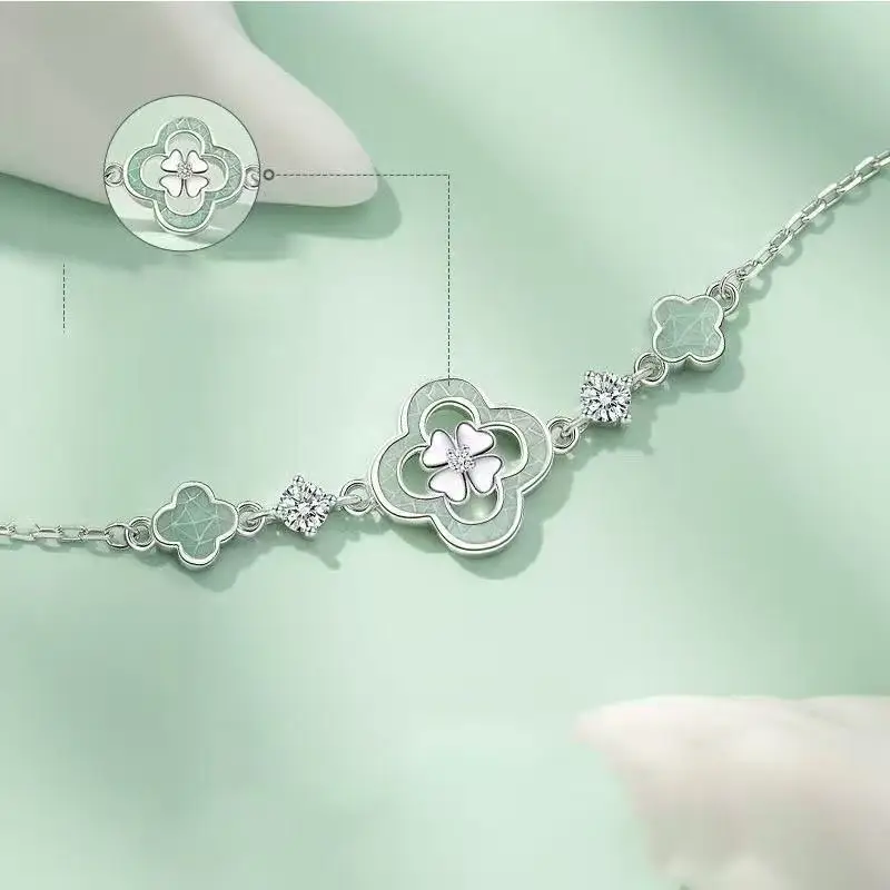 1pcs 999 Sterling Silver Green Clover Zircon Bracelet, Luxury Retro Style, For Everyday & Special Occasions
