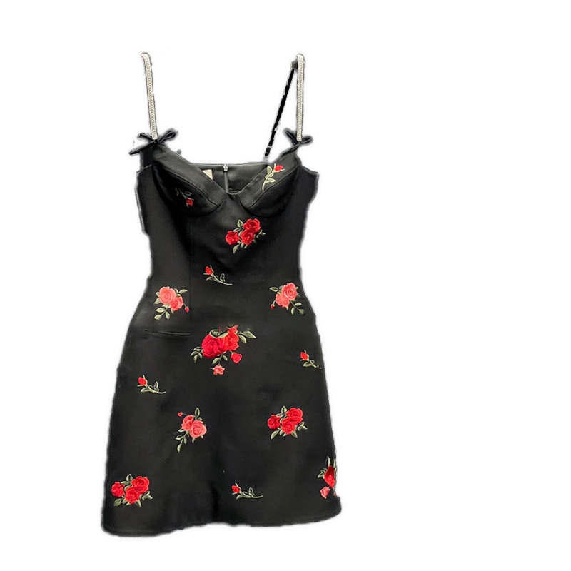 Simple And Fashionable Korean Slimming Design Sense Sling Dress Black Broken Flowers - Shop at LoveMi
