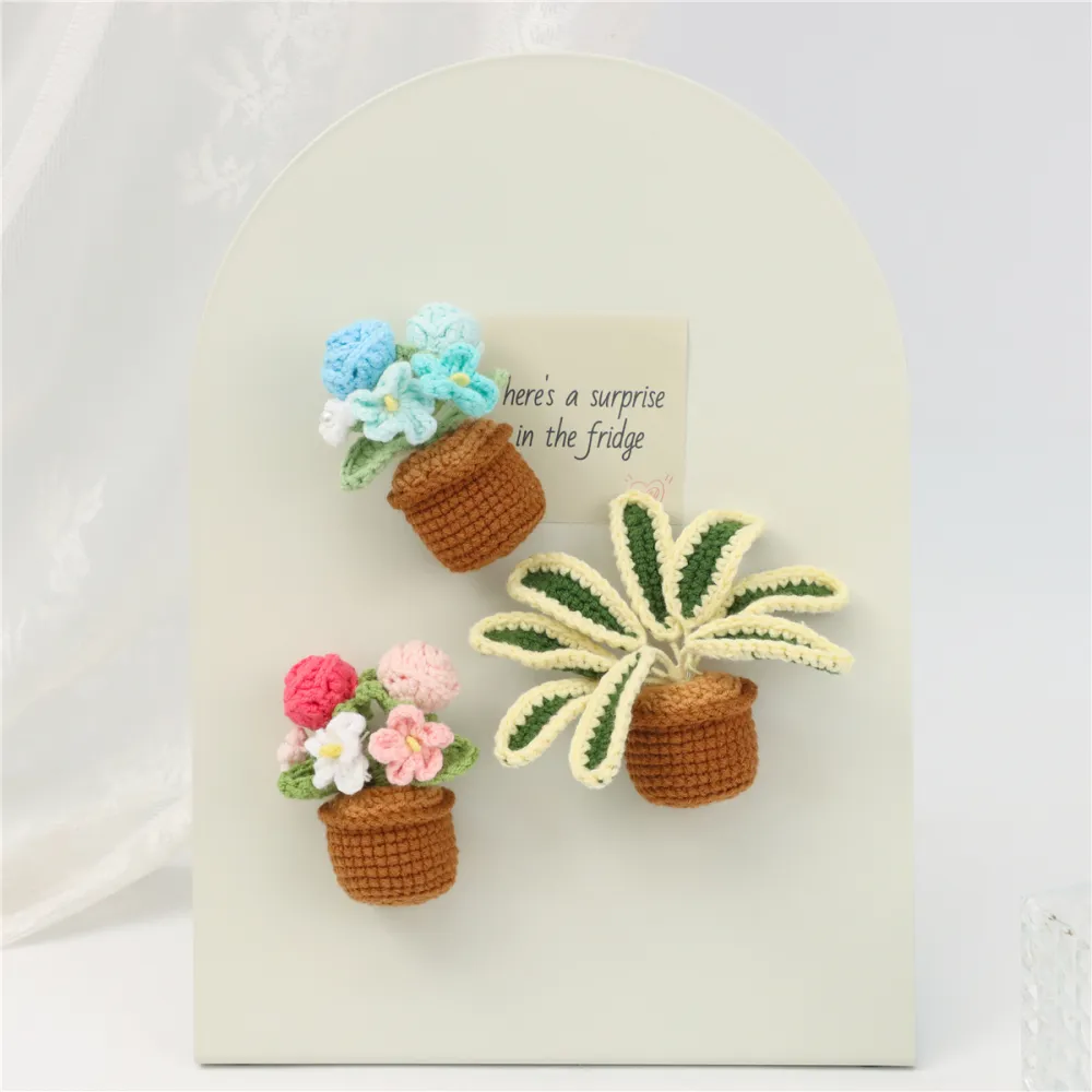 Handmade Crochet Potted Fridge Magnet Set With Colorful Flower Clusters And Green Plant Foliage Soft Yarn Everlasting Crochet Blooms Indoor Home Magnetic Decoration Ornament