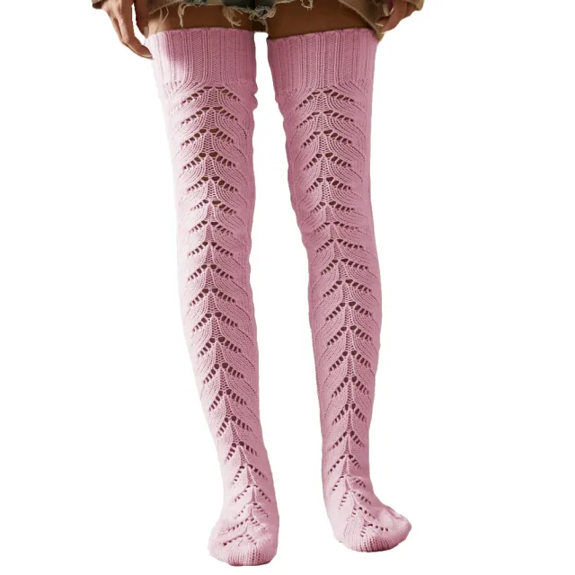 Hollow Mesh Long Tube Over The Knee Knitted Socks Women Pink - Shop at LoveMi