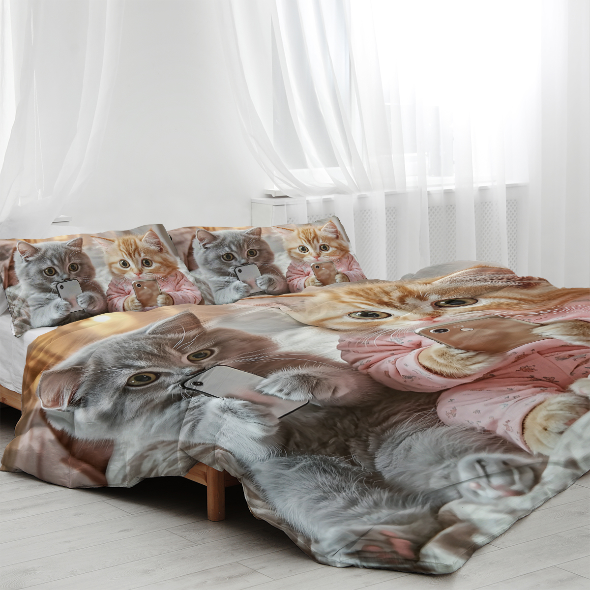 Cat Duvet Cover Set, Kawaii Pet Animal Cat Lover Comforter Cover Set, 3 Pieces, 1 Quilt Cover And 2 Pillowcases