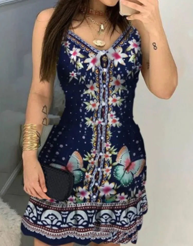 Vestido Estampado Con Cuello En V Y Botones