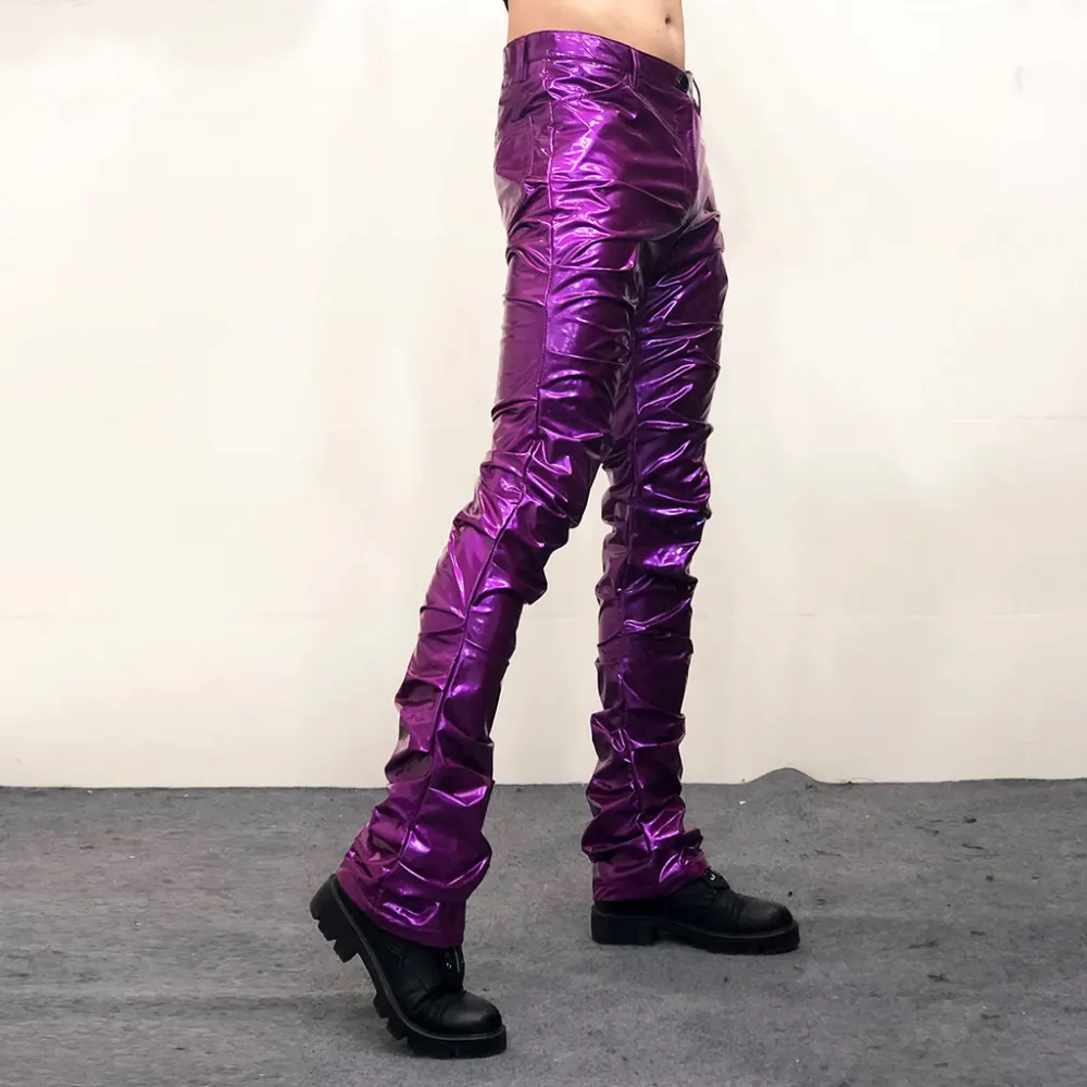 Bright Reflective Mirror Pleated Flare Leather Pants Sexy