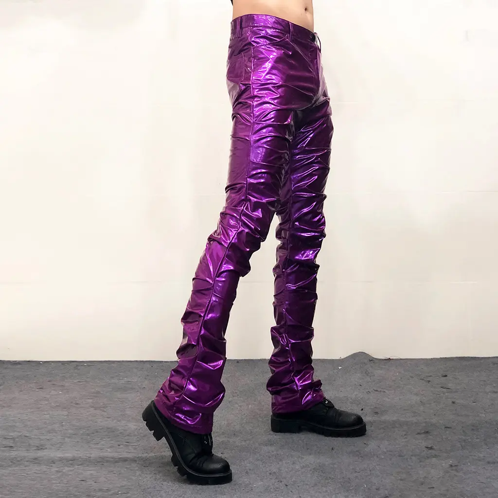 Bright Reflective Mirror Pleated Flare Leather Pants