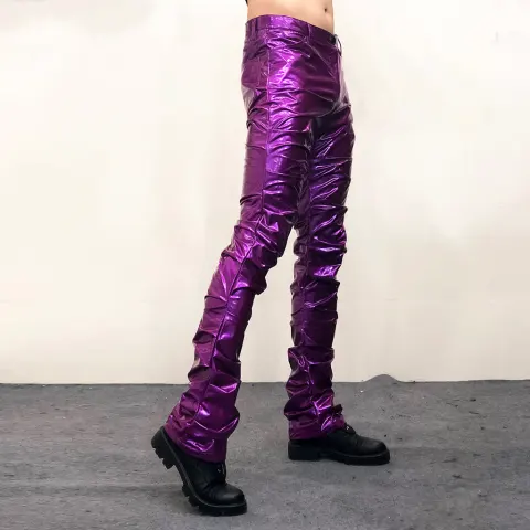 Bright Reflective Mirror Pleated Flare Leather Pants Sexy