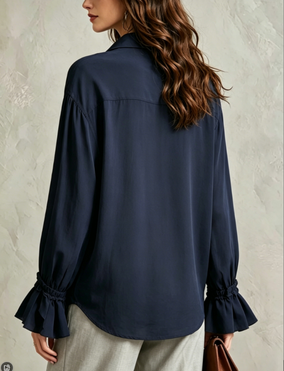 Tibetan Blue Hanging Collar With Black Fungus Edge And Flared Sleeves, Loose Commuter Shirt
