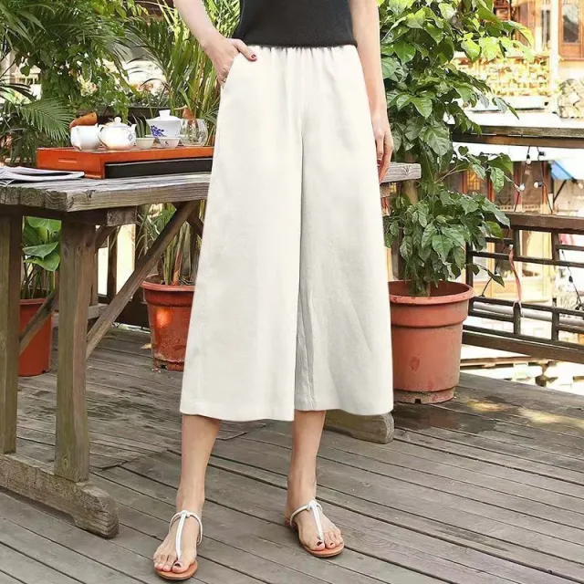 Cotton And Linen Women's Thin Loose Large Waist Elastic Wide Leg Pants 24692White - Shop at LoveMi