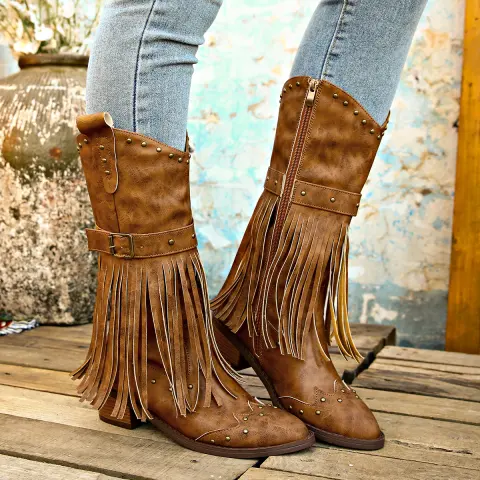 Retro Tassel Boots with Rivet Strap Buckle Design Shoes
