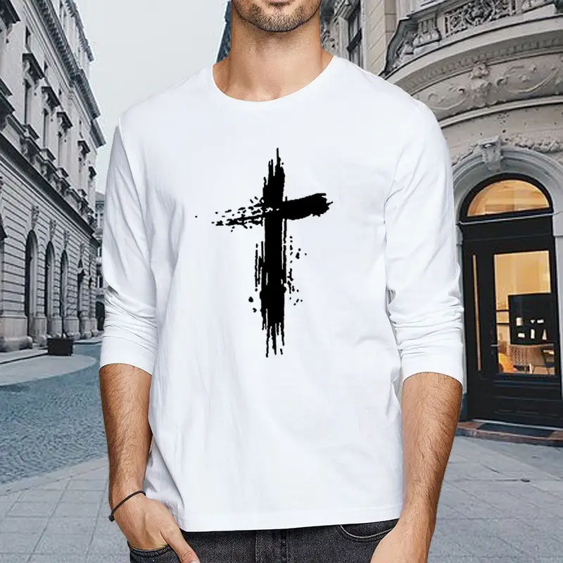 Loose Cotton Texture Cross T-shirt Men's Round Neck Long-sleeved T-shirt