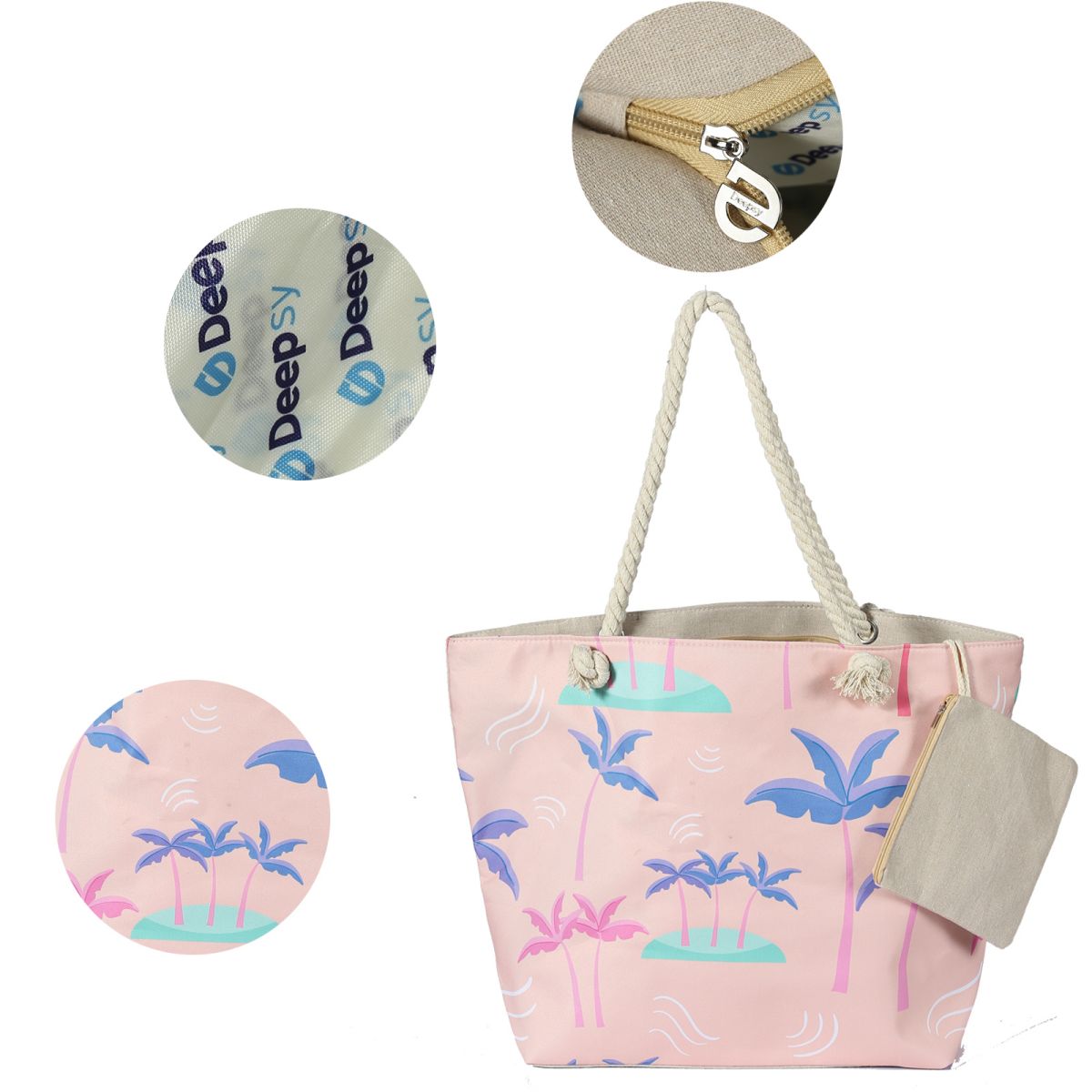 Waterproof Beach Tote Bag for Women. MATERIAL: Unique outer canvas material, inter polyester, hemp rope handle, foldable, easy to clean, waterproof and sandproof, durable and washable. LARGE BEACH BAG: Size 22.83 X 7.87 X 14.96 inch, there is enough space