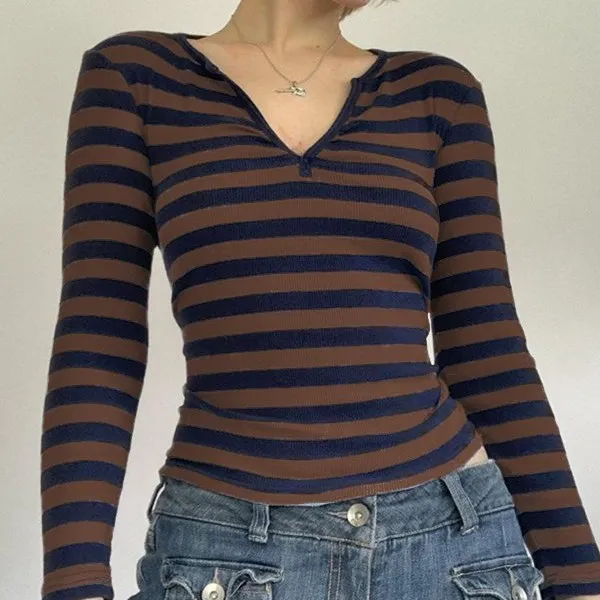 Autumn And Winter New Striped Pullover Long sleeved Tops Brown - Shop at LoveMi