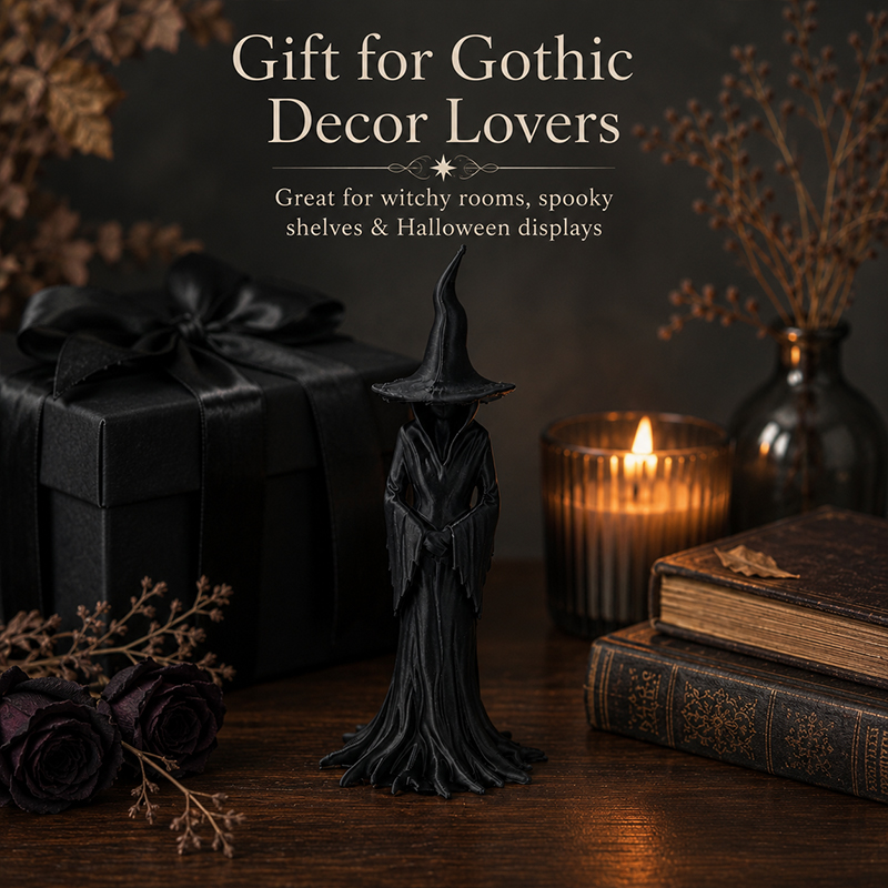 Faceless Mystic Witch Figurine, Matte Black Gothic Statue, 3D Printed Desktop Shelf Ornament, Halloween Witchcraft Table Decor Gift