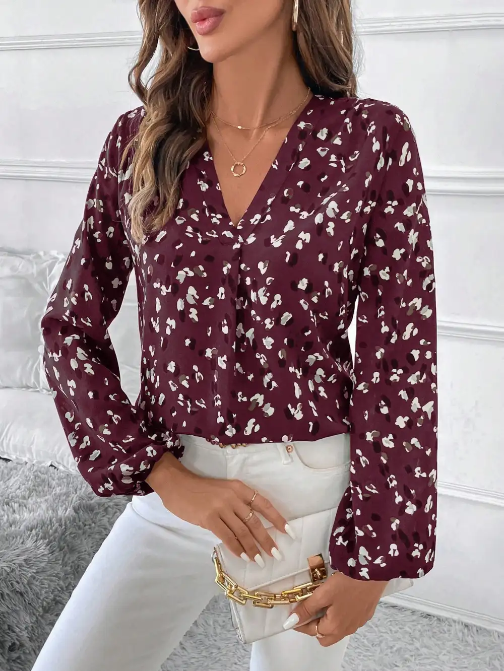 Women's V-Neck All-Over Print Elegant Long Sleeve Blouse