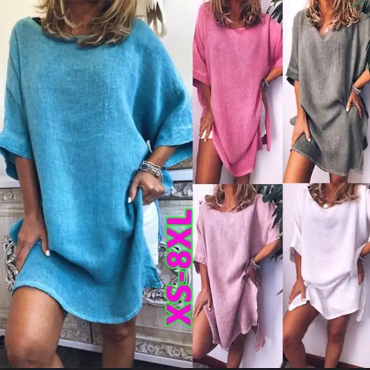Summer Leisure Cotton And Linen Solid Color Hem Split Dress