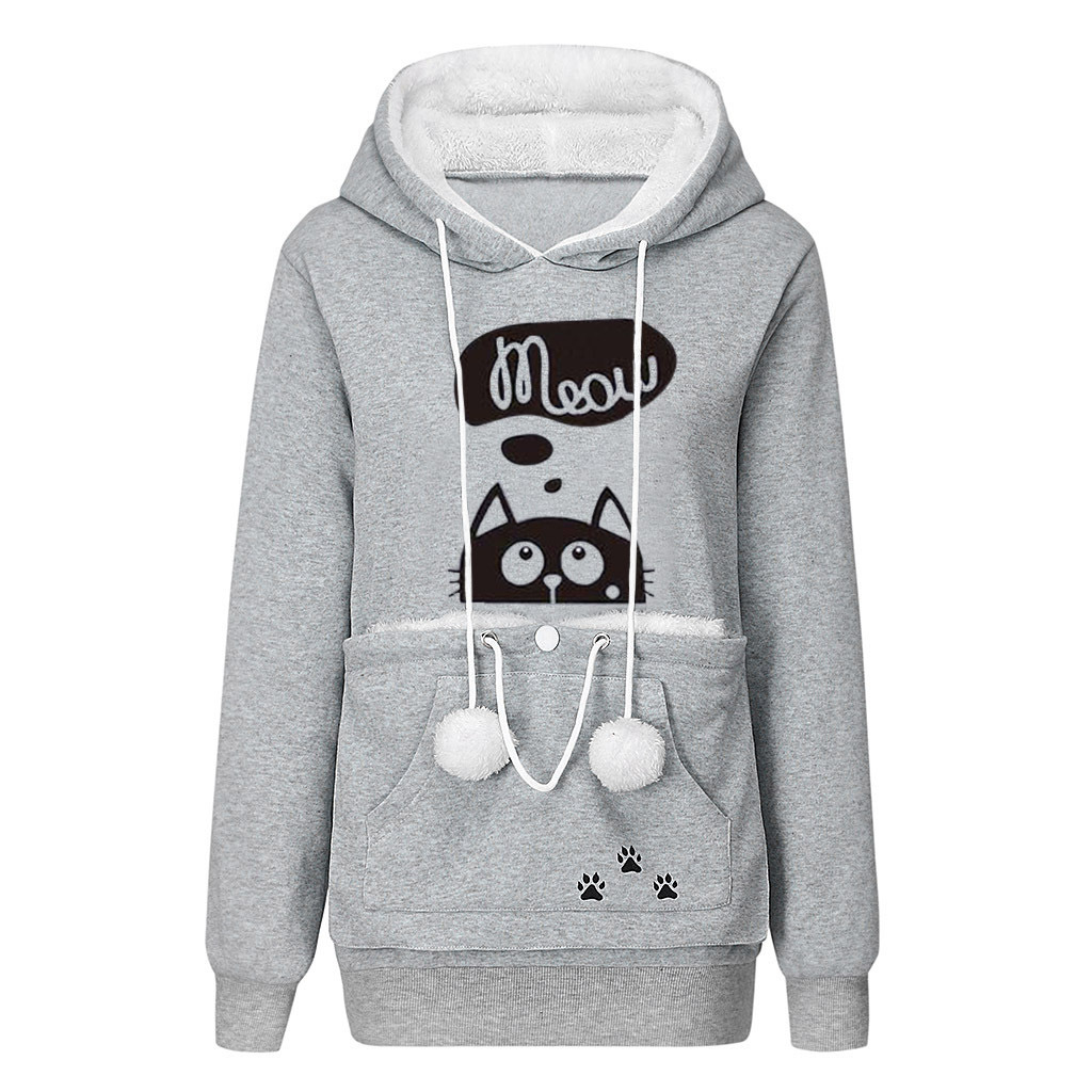 Women Casual Cat Print Long Sleeve Hoodie With A Big Pocket For Pets - Picture 7 of 7