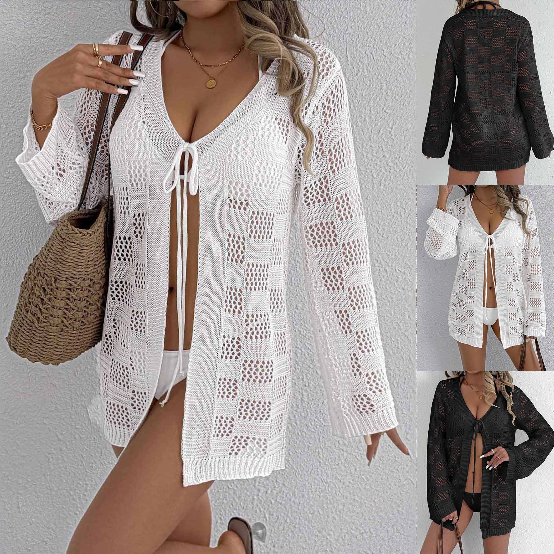 Women Hollow Out Long Sleeve Tie Front Cardigan, European US Size Sun Protection Bikini Cover Up, Beach Outerwear For Cross-border