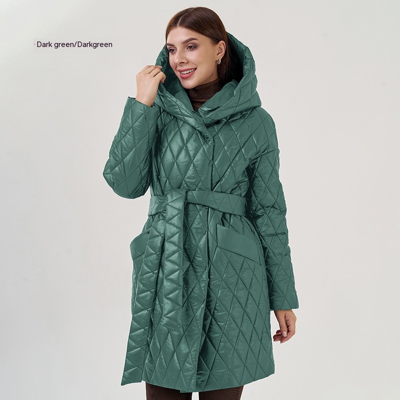 Women's Cotton padded Jacket Slim fit Lace Up Lapel Long sleeved Coat Dark Green - Shop at LoveMi