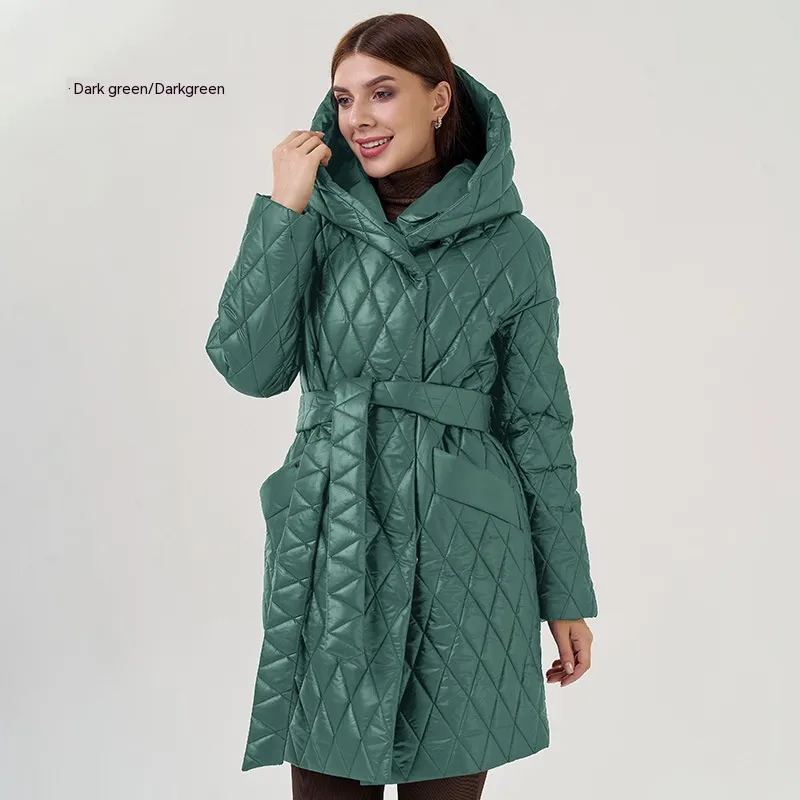 Women's Cotton-padded Jacket Slim-fit Lace Up Lapel Long-sleeved Coat - Dark Green